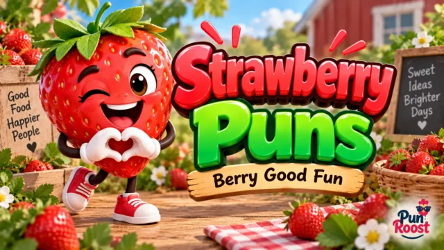 Strawberry Puns thumbnail with a cheerful strawberry mascot, fresh berries, and colorful 3D typography