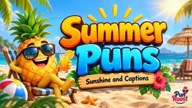 Summer Puns thumbnail with a cheerful pineapple mascot, sunny beach, and tropical vacation theme