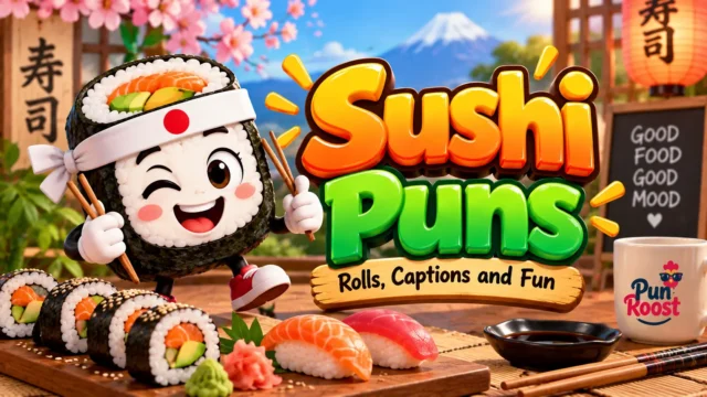 Sushi Puns thumbnail with a cheerful sushi mascot, rolls, chopsticks, and colorful 3D typography