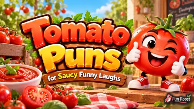 Tomato Puns thumbnail with bold 3D lettering, a cheerful tomato mascot, fresh tomatoes, and sauce