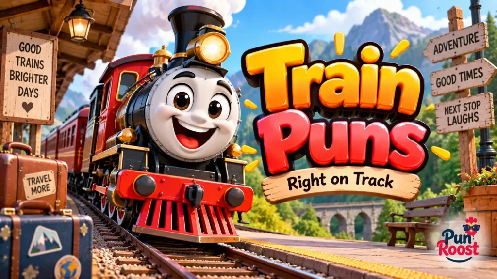 Train Puns thumbnail with a cheerful cartoon locomotive, railway tracks, mountains, and glossy 3D typography