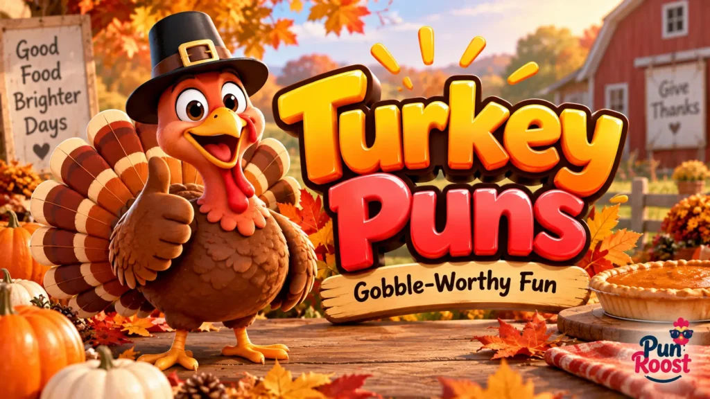 Turkey Puns thumbnail with a cheerful Thanksgiving turkey mascot, pumpkins, autumn leaves, and 3D text