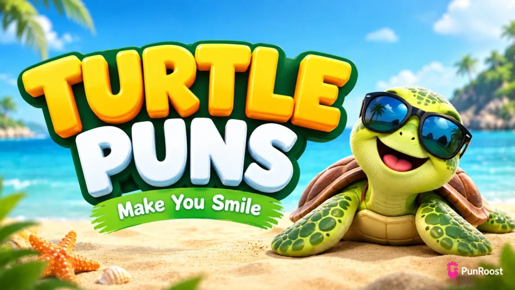 Turtle Puns featured image with a cheerful turtle on a sunny beach