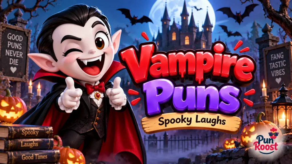 Vampire Puns thumbnail with a cheerful Dracula mascot, haunted castle, bats, pumpkins, and glossy 3D typography