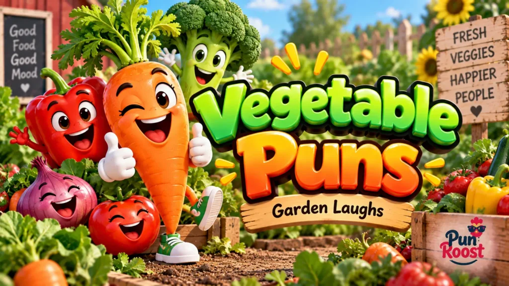 Vegetable Puns thumbnail with cheerful veggie mascots, a sunny garden, and colorful 3D typography