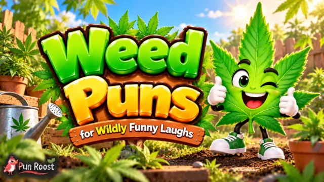 Weed Puns thumbnail with bold 3D lettering, a cheerful leaf mascot, and a bright leafy garden scene