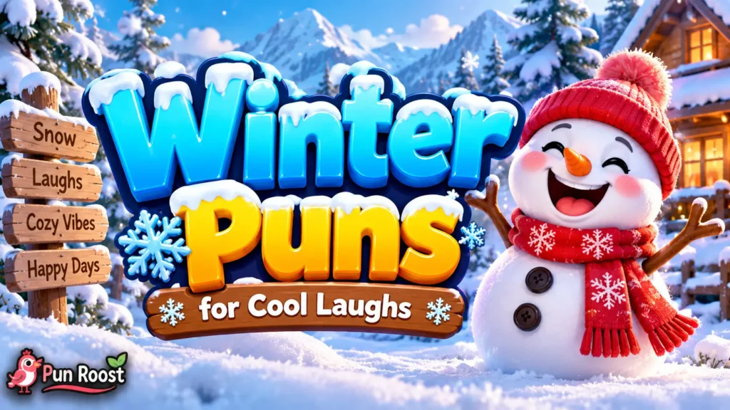Winter Puns thumbnail with bold 3D lettering, snowy scenery, and a cheerful winter mascot