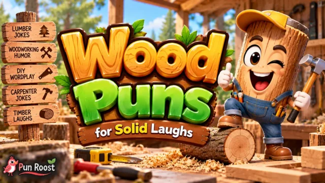 Wood Puns thumbnail with bold 3D lettering, a cheerful log mascot, tools, lumber, and a bright woodshop scene