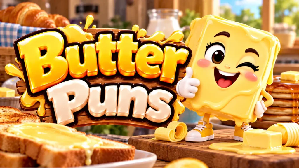 Butter Puns thumbnail with bold 3D lettering, a cheerful butter mascot, toast, and golden butter curls