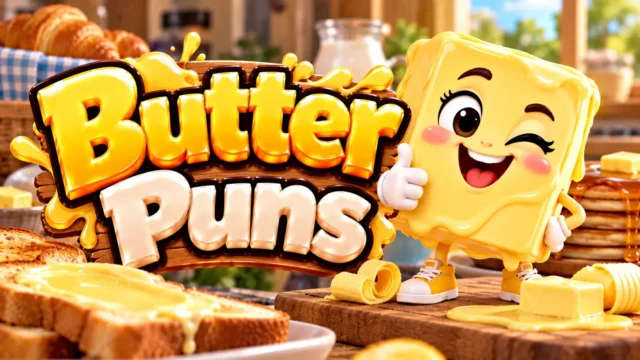 Butter Puns thumbnail with bold 3D lettering, a cheerful butter mascot, toast, and golden butter curls