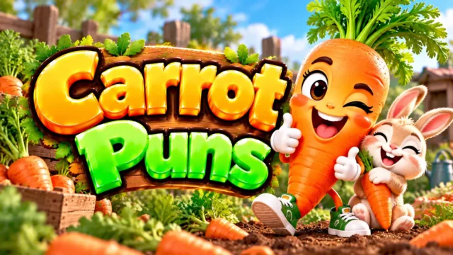 Carrot Puns thumbnail with bold 3D lettering, a cheerful carrot mascot, a bunny, and a colorful garden