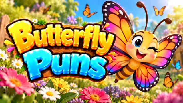 Butterfly Puns thumbnail with bold 3D lettering, a cheerful butterfly mascot, colorful wings, and blooming flowers