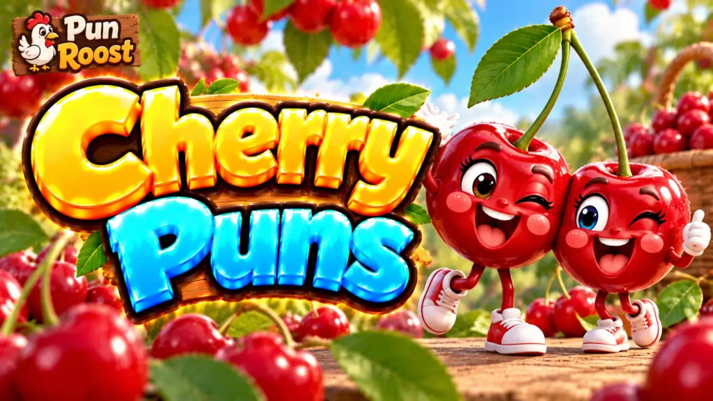 Cherry Puns thumbnail with bold 3D lettering, cheerful cherry mascots, ripe red cherries, and Pun Roost branding