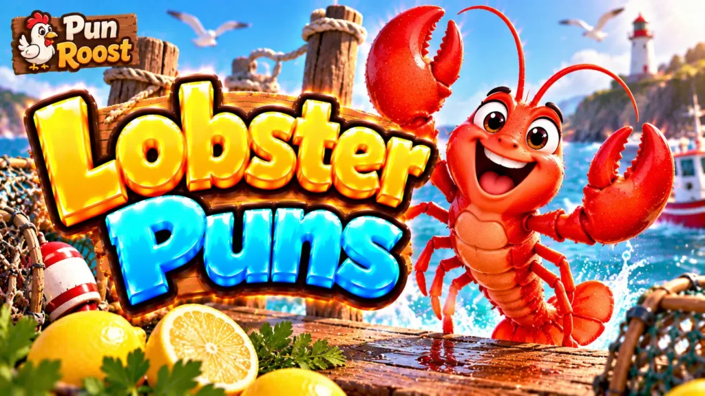 lobster Puns thumbnail with bold 3D lettering, a cheerful red lobster mascot, ocean scenery, and Pun Roost branding