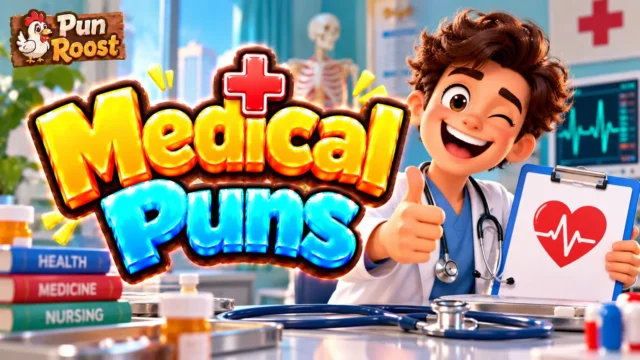 Medical Puns thumbnail with bold 3D lettering, a cheerful doctor mascot, medical equipment, and Pun Roost branding