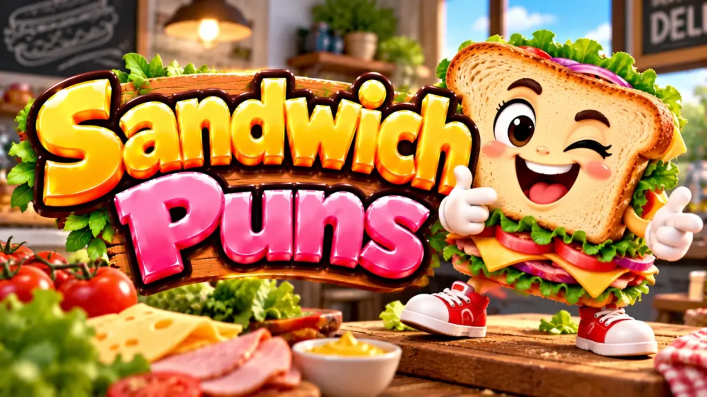 Sandwich Puns thumbnail with bold 3D lettering, a cheerful sandwich mascot, fresh vegetables, cheese, and deli details
