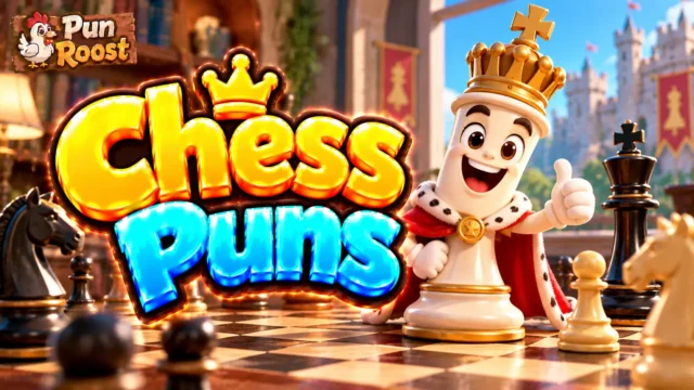 Chess Puns thumbnail with glossy 3D lettering, a smiling chess king mascot, chess pieces, and Pun Roost branding