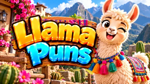 Llama Puns thumbnail with bold 3D lettering, a cheerful llama mascot, colorful tassels, and mountain scenery