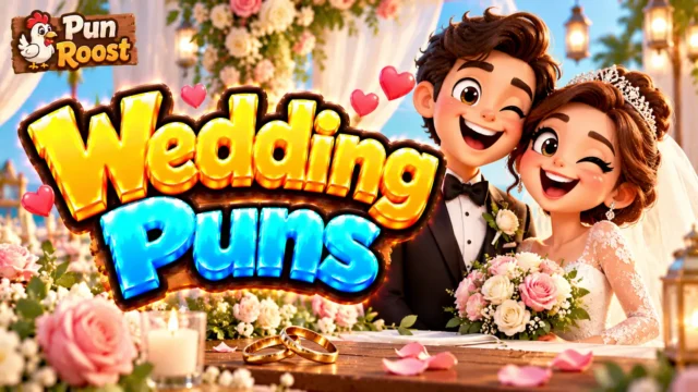 Wedding Puns thumbnail with bold 3D lettering, a cheerful bride and groom, wedding rings, roses, and Pun Roost branding