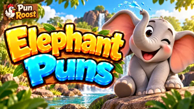 Elephant Puns thumbnail with bold 3D lettering, a cheerful baby elephant, jungle scenery, and Pun Roost branding
