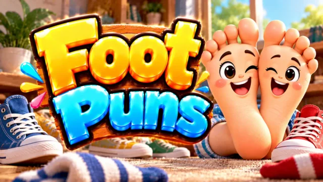 Foot Puns thumbnail with bold 3D lettering, cheerful foot mascots, colorful sneakers, and striped socks