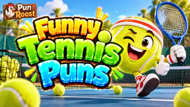 Funny Tennis Puns thumbnail with glossy 3D lettering, a smiling tennis ball mascot, a racket, and Pun Roost branding