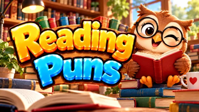 Reading Puns thumbnail with bold 3D lettering, a cheerful owl mascot wearing glasses, and colorful books