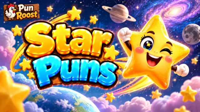Star Puns thumbnail with bold 3D lettering, a cheerful star mascot, colorful planets, and Pun Roost branding