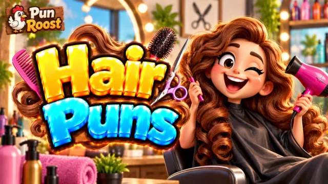 Hair Puns thumbnail with bold 3D lettering, a cheerful curly-haired mascot, salon tools, and Pun Roost branding