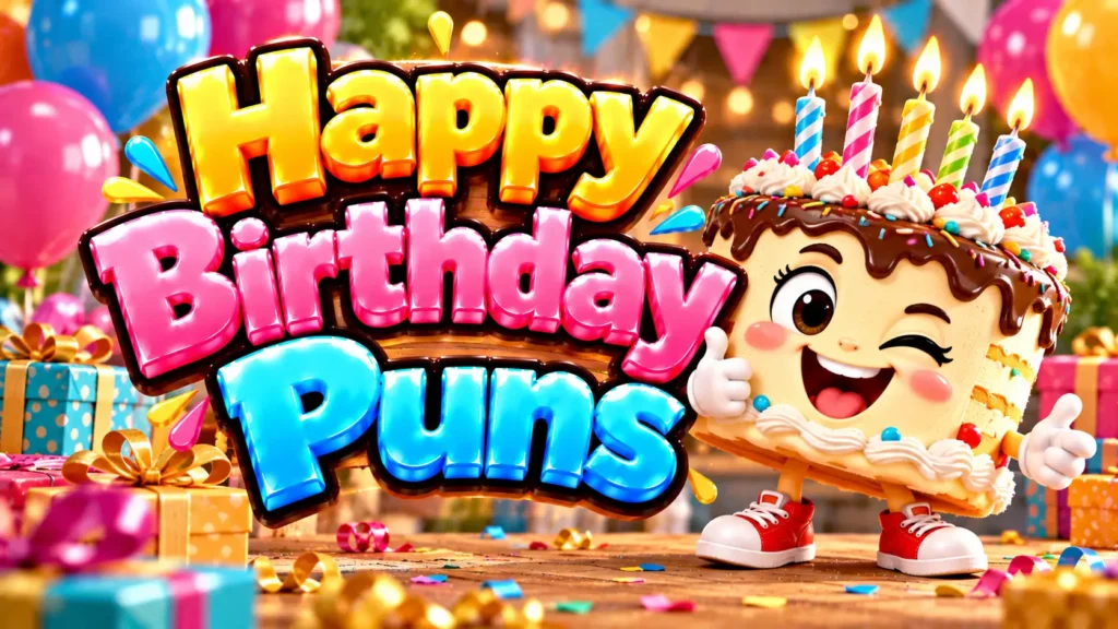 Happy Birthday Puns thumbnail with bold 3D lettering, a cheerful birthday cake mascot, candles, balloons, and gifts