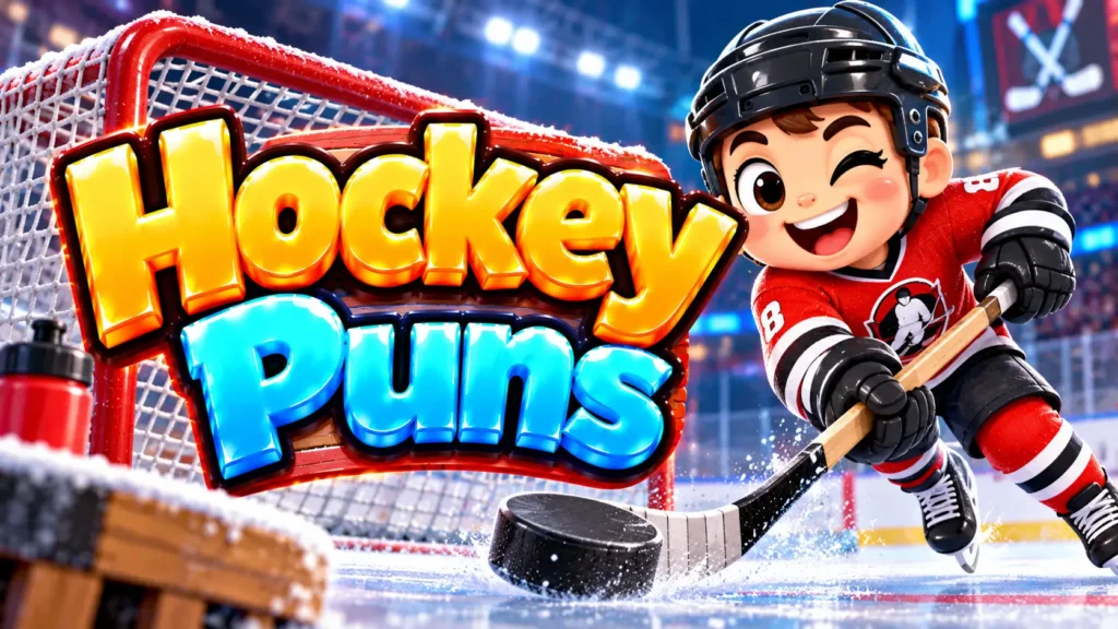 Hockey Puns thumbnail with bold 3D lettering, a cheerful hockey player, a hockey stick, puck, and ice rink