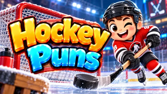 Hockey Puns thumbnail with bold 3D lettering, a cheerful hockey player, a hockey stick, puck, and ice rink