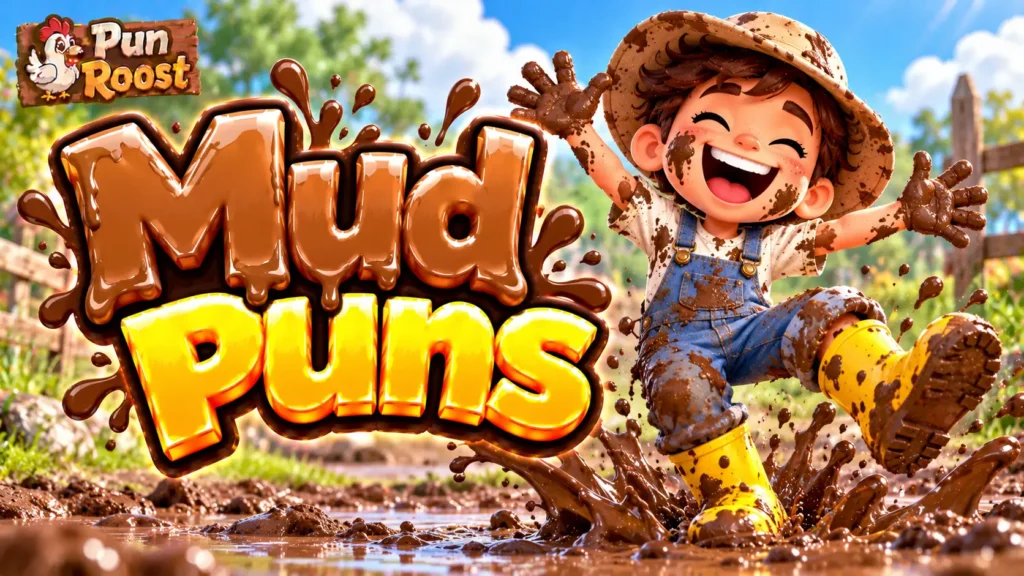 Mud Puns thumbnail with glossy 3D lettering, a child jumping in a muddy puddle, and Pun Roost branding