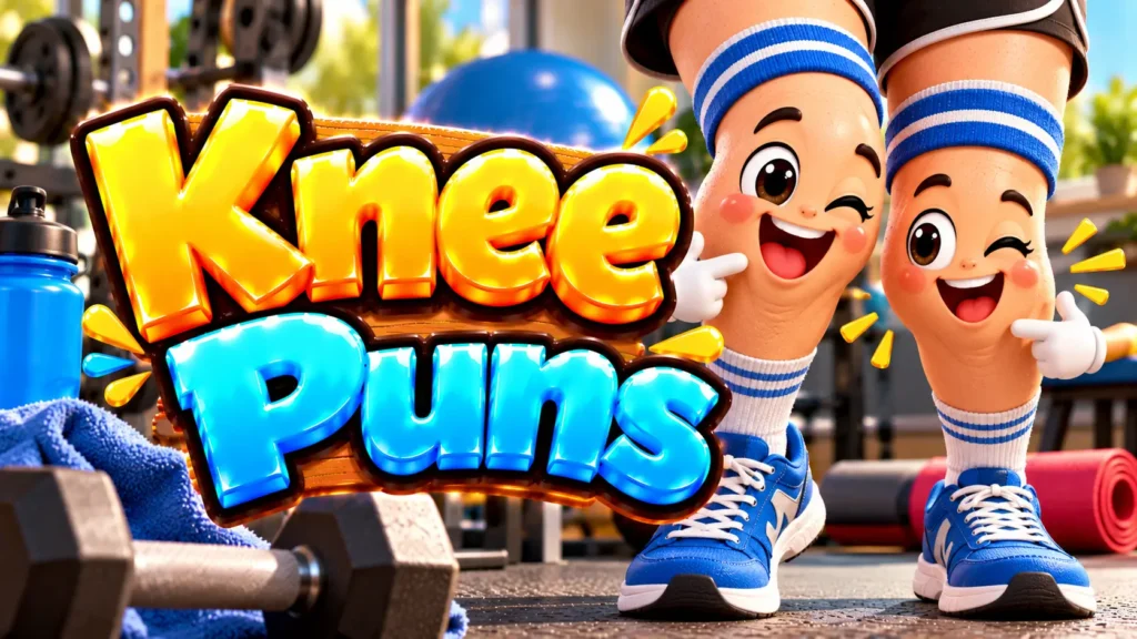 Knee Puns thumbnail with bold 3D lettering, cheerful knee mascots, blue sneakers, and gym equipment