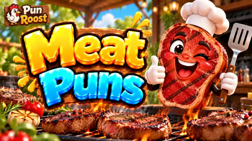 Meat Puns thumbnail with bold 3D lettering, a cheerful steak mascot, grilled steaks, and Pun Roost branding