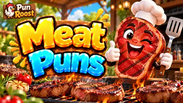 Meat Puns thumbnail with bold 3D lettering, a cheerful steak mascot, grilled steaks, and Pun Roost branding