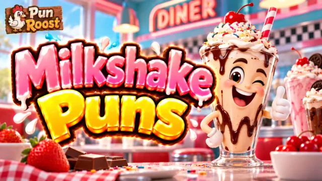 Milkshake Puns thumbnail with glossy 3D lettering, a smiling milkshake mascot, whipped cream, cherries, and Pun Roost branding