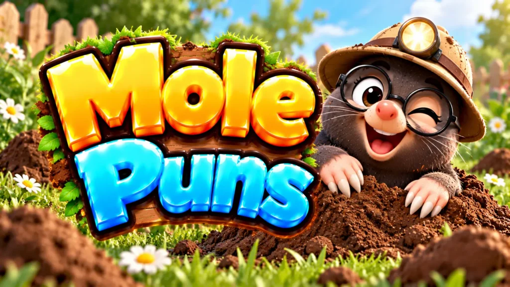Mole Puns thumbnail with bold 3D lettering, a cheerful mole mascot wearing glasses, and a sunny garden scene