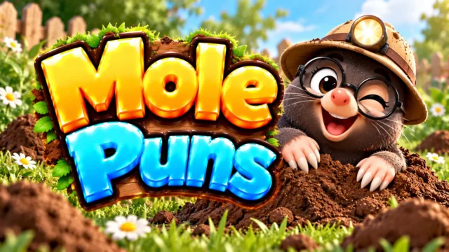 Mole Puns thumbnail with bold 3D lettering, a cheerful mole mascot wearing glasses, and a sunny garden scene