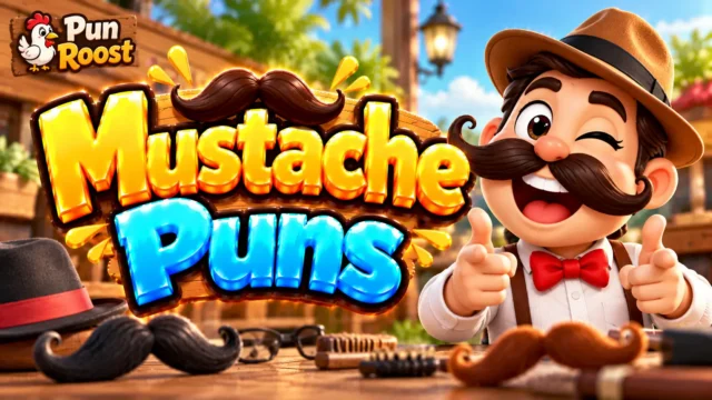 Mustache Puns thumbnail with bold 3D lettering, a curled mustache, a cartoon gentleman, and Pun Roost branding