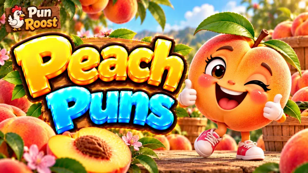 Peach Puns thumbnail with bold 3D lettering, a cheerful peach mascot, ripe peaches, blossoms, and Pun Roost branding