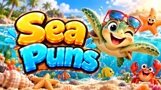Sea Puns thumbnail with bold 3D lettering, a cheerful turtle mascot, a smiling starfish, and a colorful ocean scene