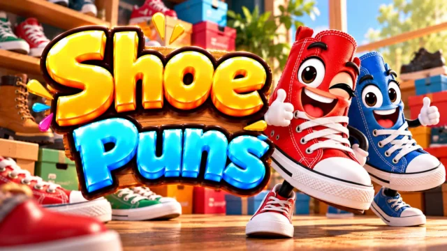 Shoe Puns thumbnail with bold 3D lettering, cheerful red and blue sneaker mascots, and colorful shoe-store shelves