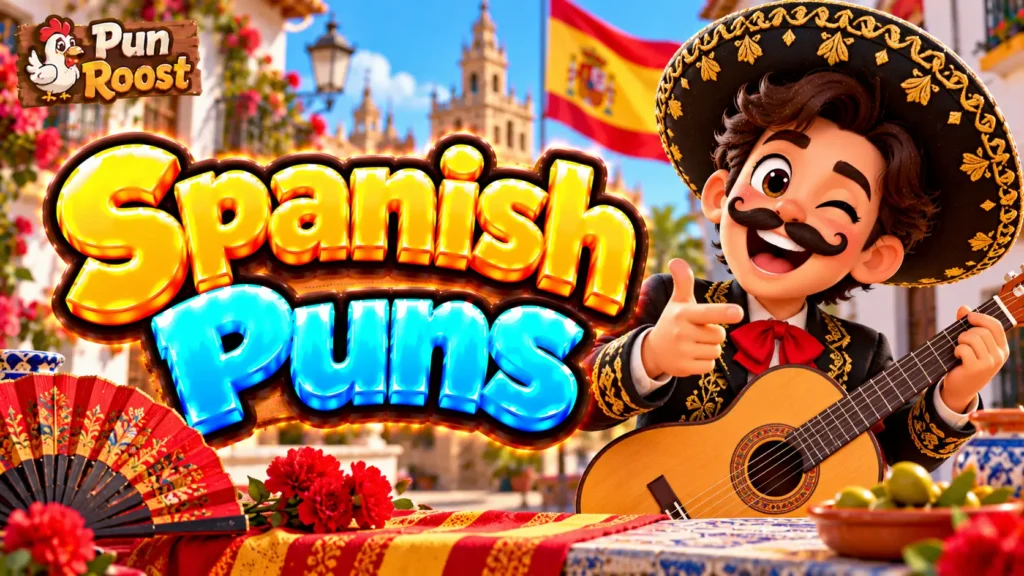 Spanish Puns thumbnail with bold 3D lettering, a cheerful guitarist, Spanish flag, and Pun Roost branding