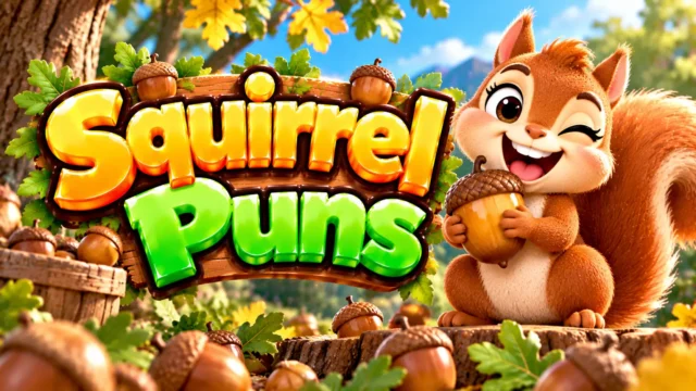 Squirrel Puns thumbnail with bold 3D lettering, a cheerful squirrel mascot, acorns, and colorful autumn scenery