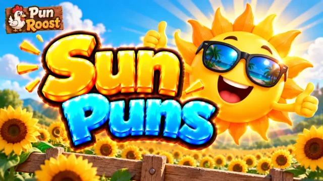 Sun Puns thumbnail with bold 3D lettering, a smiling sun mascot wearing sunglasses, sunflower fields, and Pun Roost branding