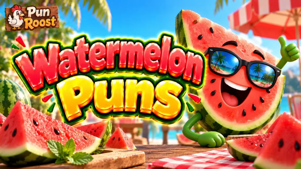 Watermelon Puns thumbnail with glossy 3D lettering, a smiling watermelon mascot, summer fruit, and Pun Roost branding