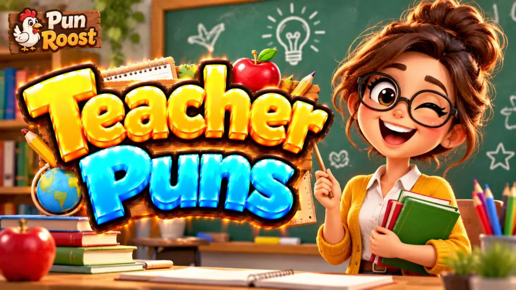 Teacher Puns thumbnail with bold 3D lettering, a cheerful teacher mascot, classroom books, an apple, and Pun Roost branding