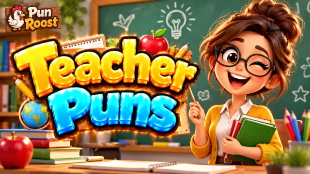 Teacher Puns thumbnail with bold 3D lettering, a cheerful teacher mascot, classroom books, an apple, and Pun Roost branding