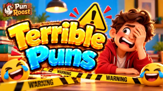 Terrible Puns thumbnail with bold 3D lettering, a facepalming character, warning signs, laughing emojis, and Pun Roost branding